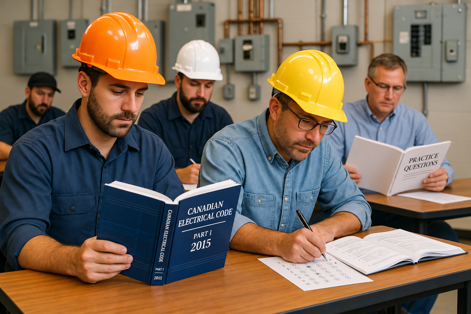 Professionnels étudiant le Code canadien de l’électricité et un cahier de questions