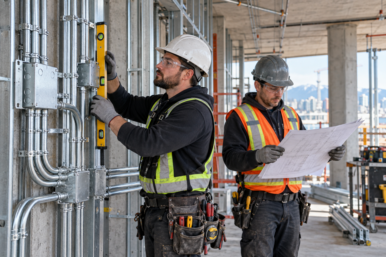Électriciens installant des conduits et consultant les plans sur un chantier