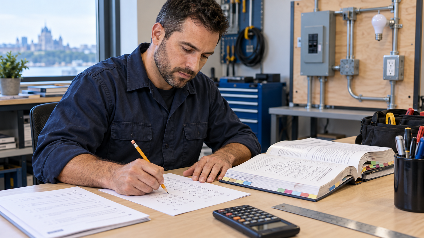 Électricien préparant la qualification hors construction avec un ouvrage de référence